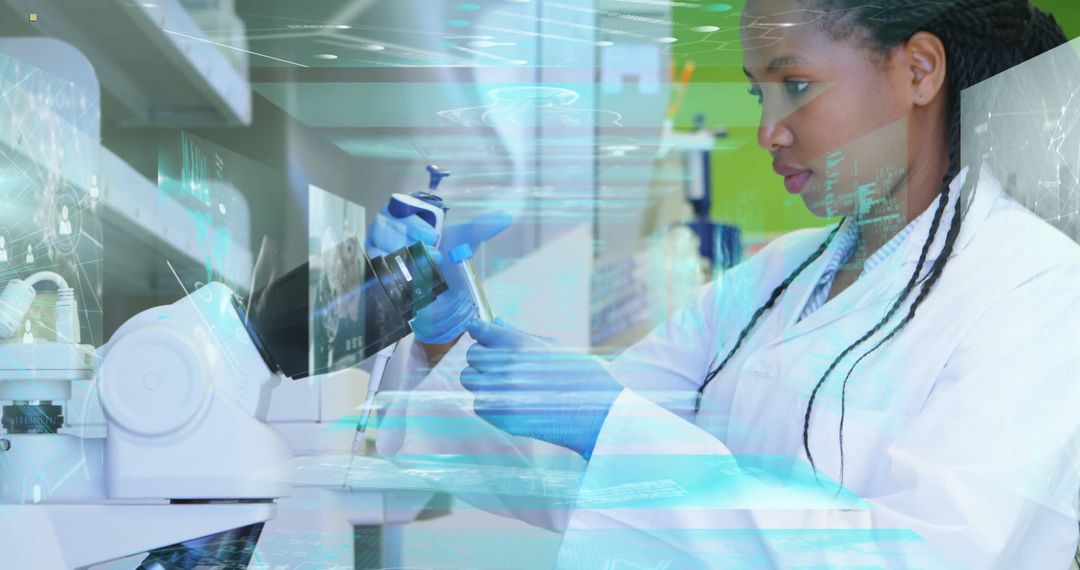 Scientist Conducting Research in Lab With Digital Data Overlay