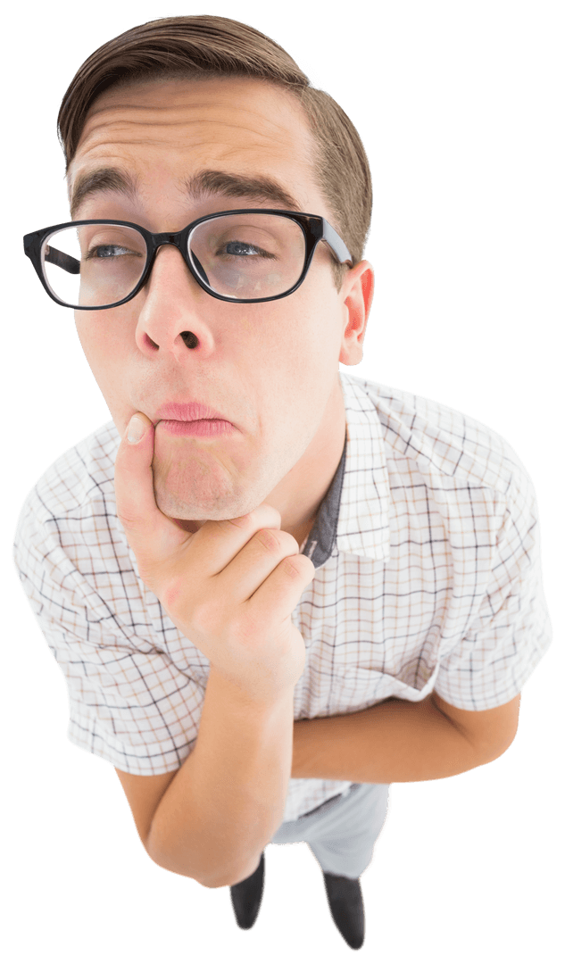 Transparent Nerdy Male Contemplating with Finger on Chin