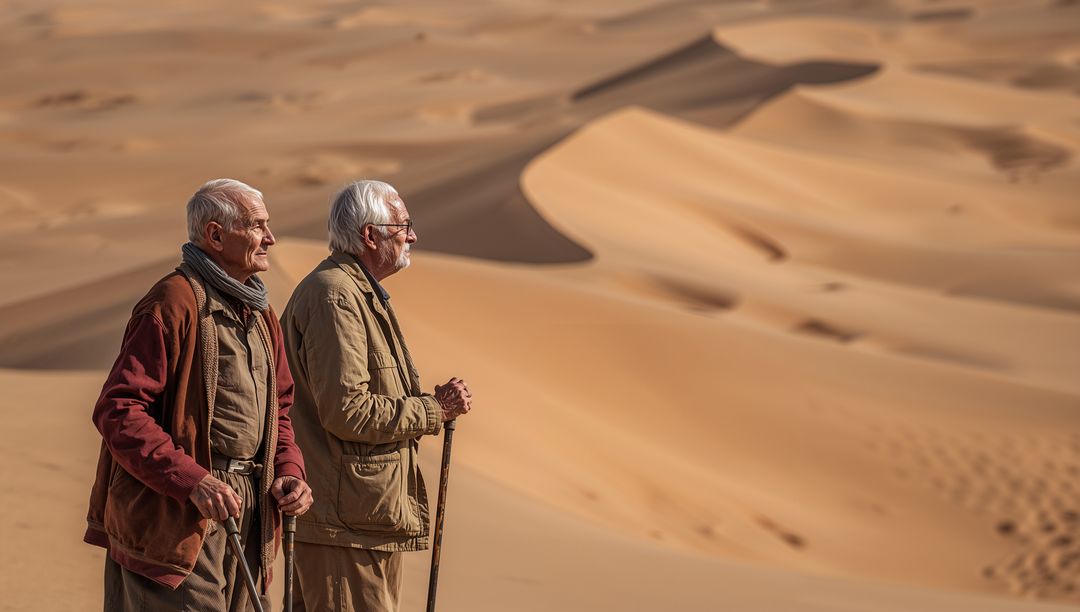 Senior Men Exploring Vast Desert Dunes with Walking Sticks and Layered Jackets