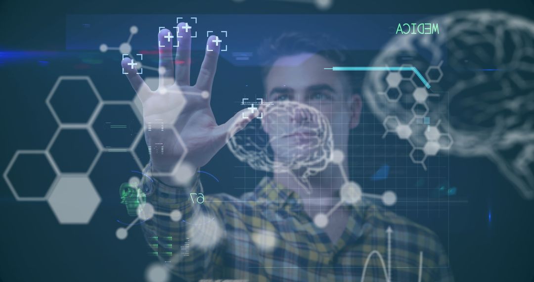 Man Interacting with Futuristic Digital Interface Display