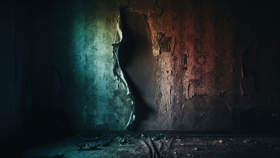Abandoned Building with Peeling Wallpaper and Dramatic Lighting