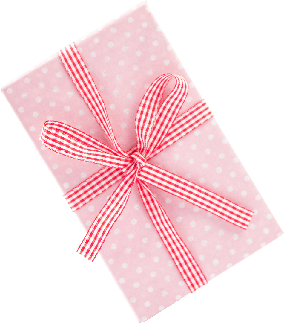 Pink Polka Dot Gift with Red Ribbon on Transparent Background