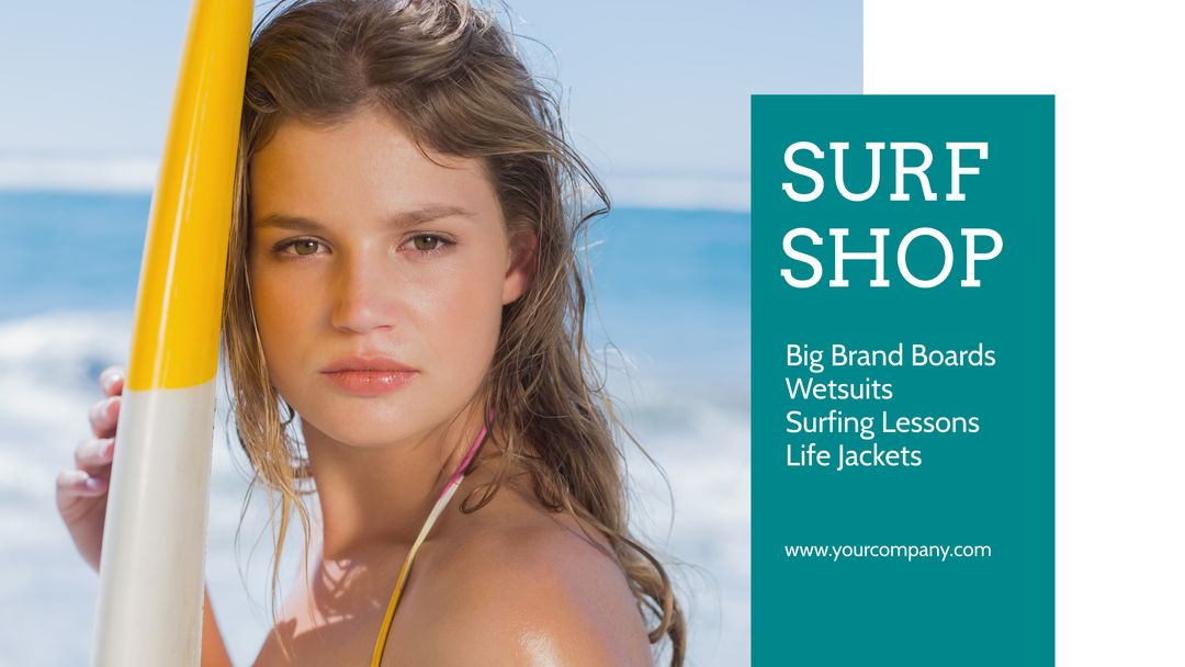 Confident Young Surfer Promoting Coastal Adventure and Apparel