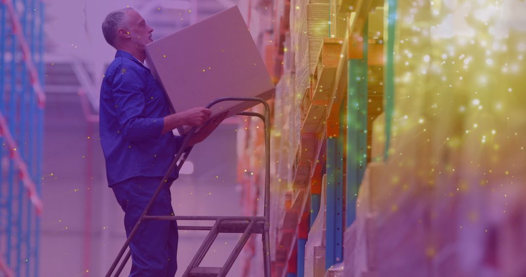 Warehouse Worker Organizing Inventory on Ladder