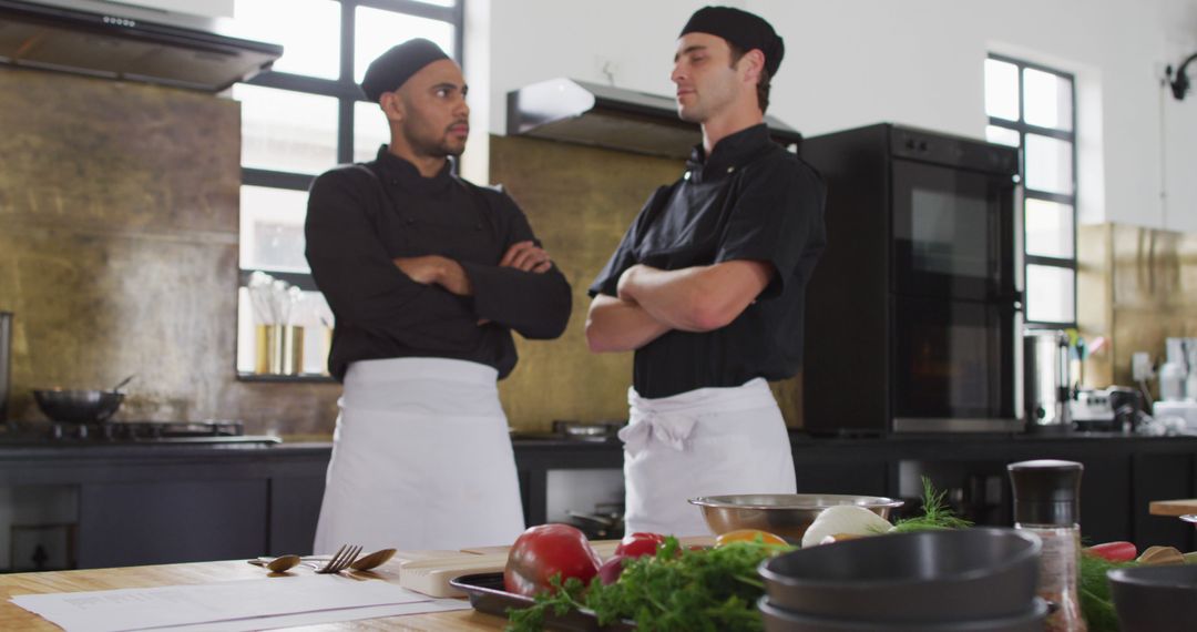 Two Serious Chefs in Kitchen Discussing Recipes - Free Images, Stock Photos and Pictures on Pikwizard.com