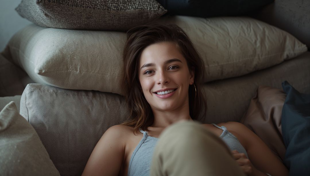 Relaxed Woman Lounging on Sofa with Neutral Pillows