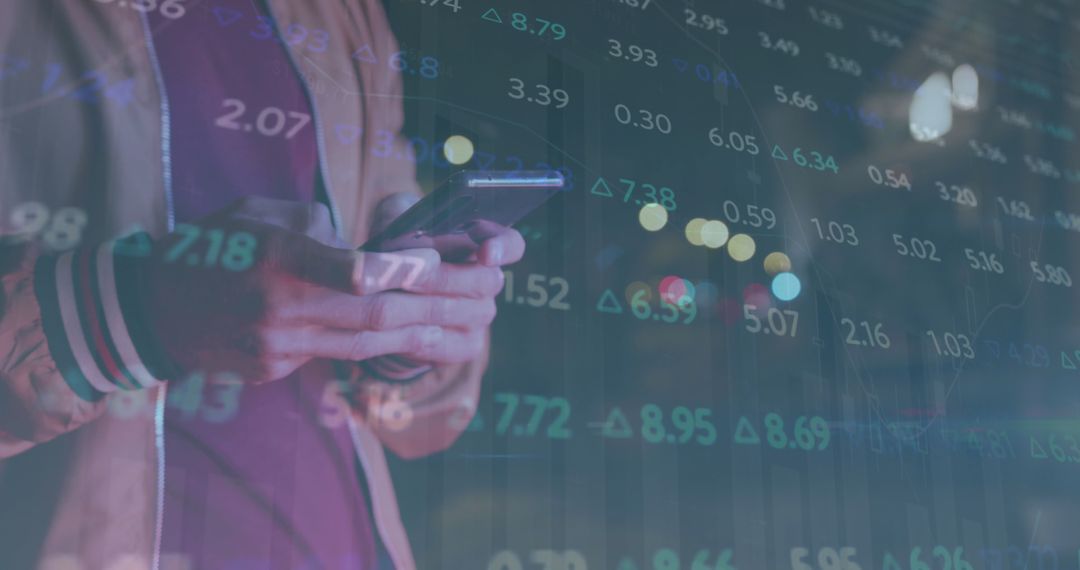 Caucasian Man Using Smartphone with Digital Stock Data Overlay