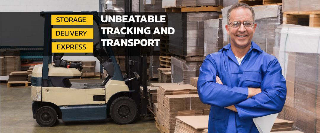 Confident warehouse worker promoting logistics services