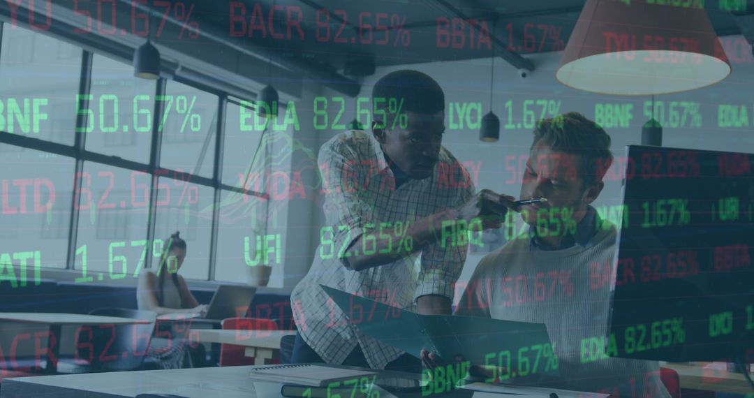 Business Mentorship in Modern Office with Financial Data Overlay