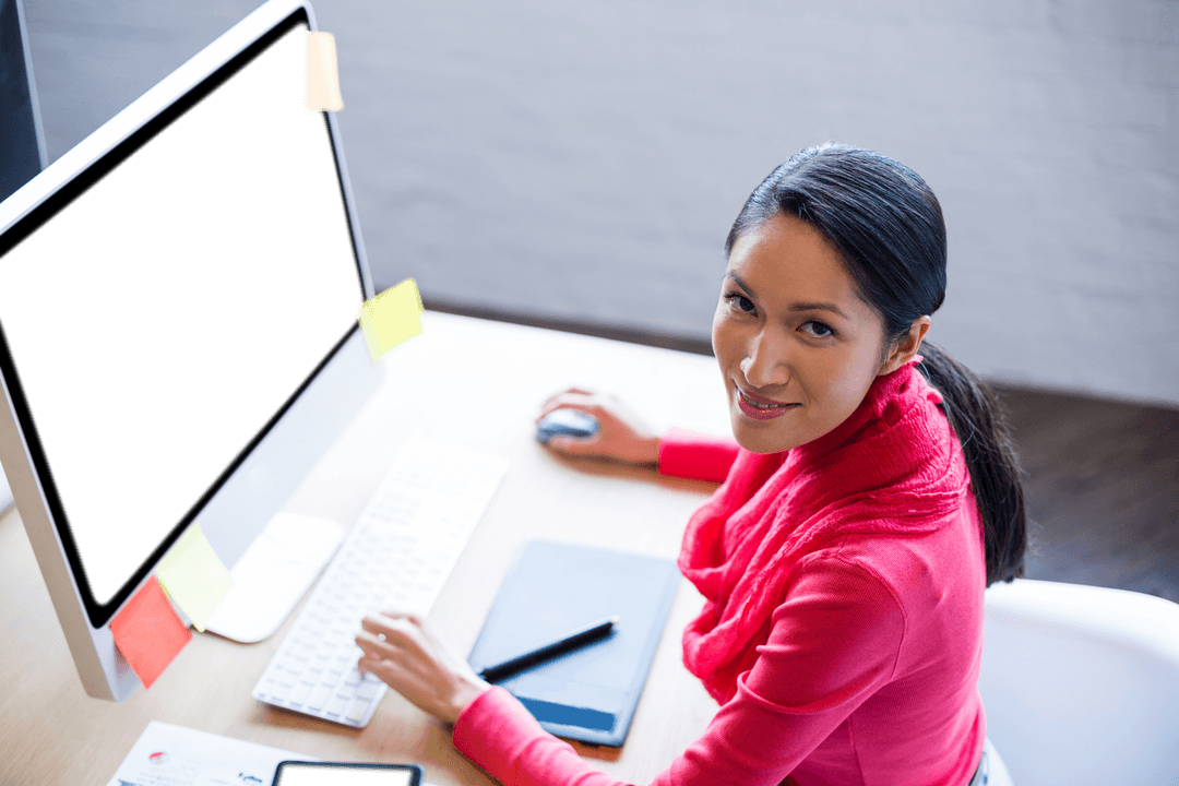 Transparent Mockup Businesswoman Using Desktop in Modern Office
