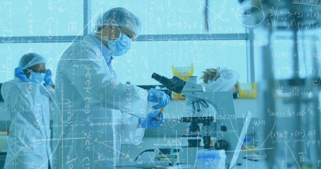 Scientists Performing Research with Overlay of Mathematical Equations in Lab