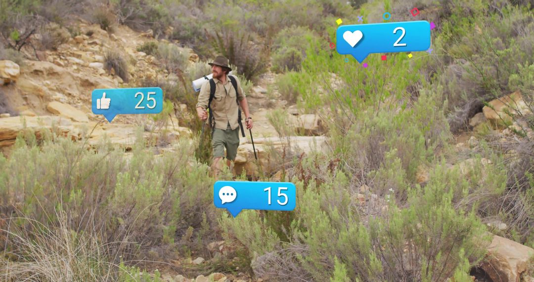 Hiker Exploring Rocky Terrain with Social Media Icons