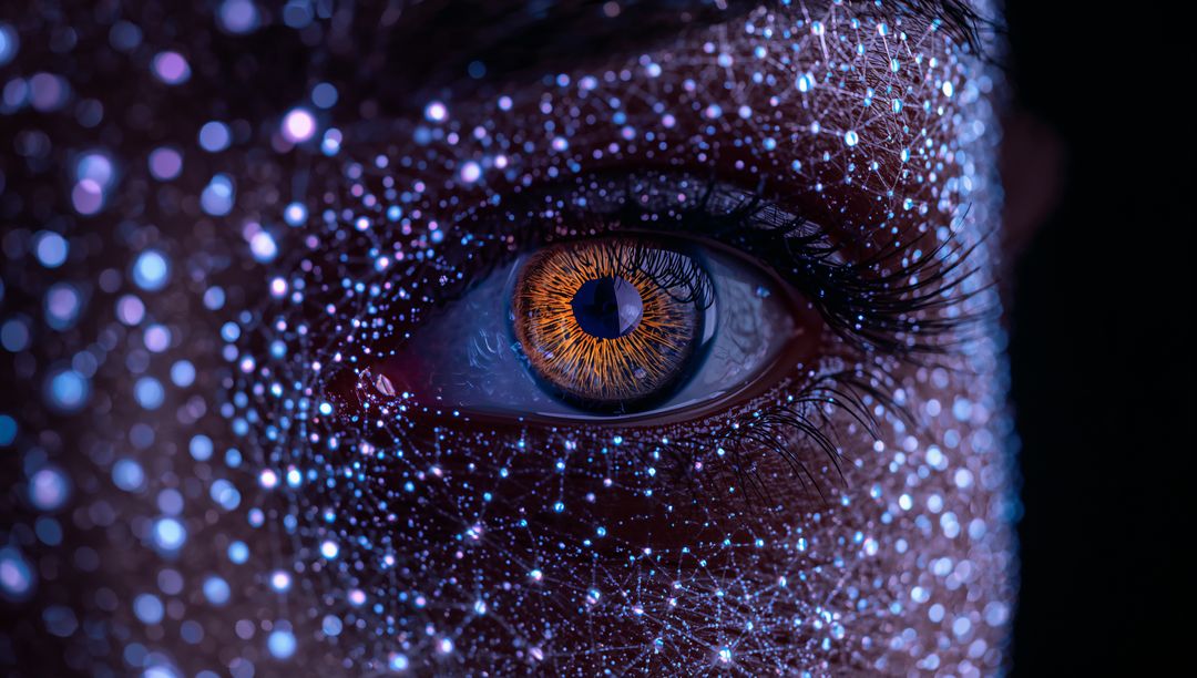 Staring amber iris with neon projection mapping, biometric network dots, futuristic gaze