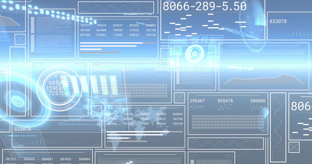 Futuristic Holographic HUD Display with Translucent Telemetry Panels, Radars, Neon Grid