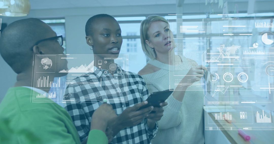 Team Collaborating with Data Projections in Modern Office Environment