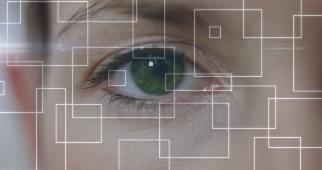 Close-Up Green Eye with Futuristic Digital Interface Overlay