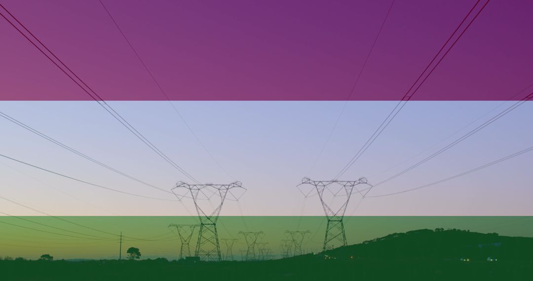 Hungary Flag Superimposed on Electric Pylons at Dusk