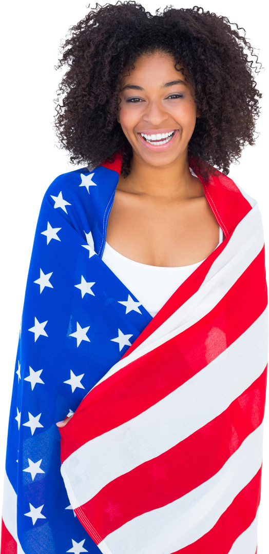 Joyful Young Woman Wrapped in Transparent American Flag - Download Free Stock Images Pikwizard.com