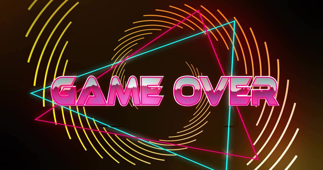Neon pink GAME OVER retro synthwave endcard with cyan triangle and yellow arc elements