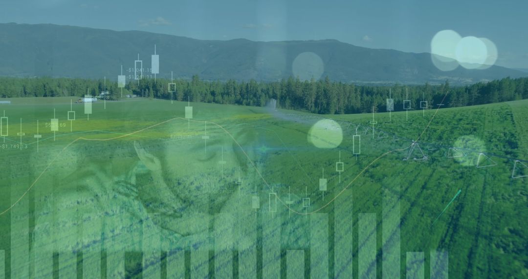 Digital Data Visualization Over Scenic Rural Landscape