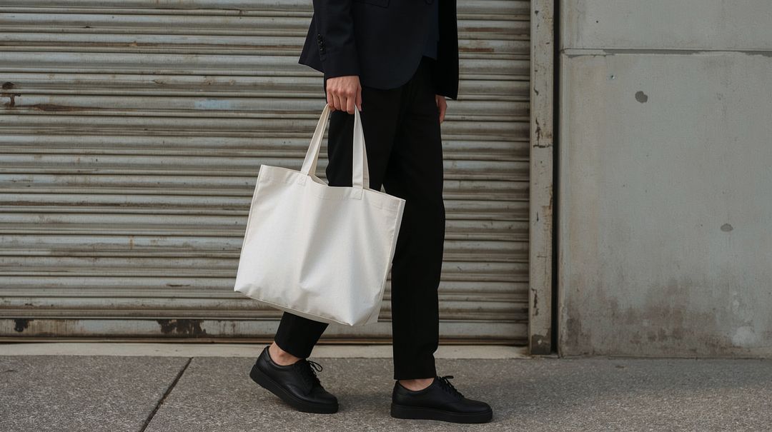 Professional Walking with White Tote Bag in Urban Setting