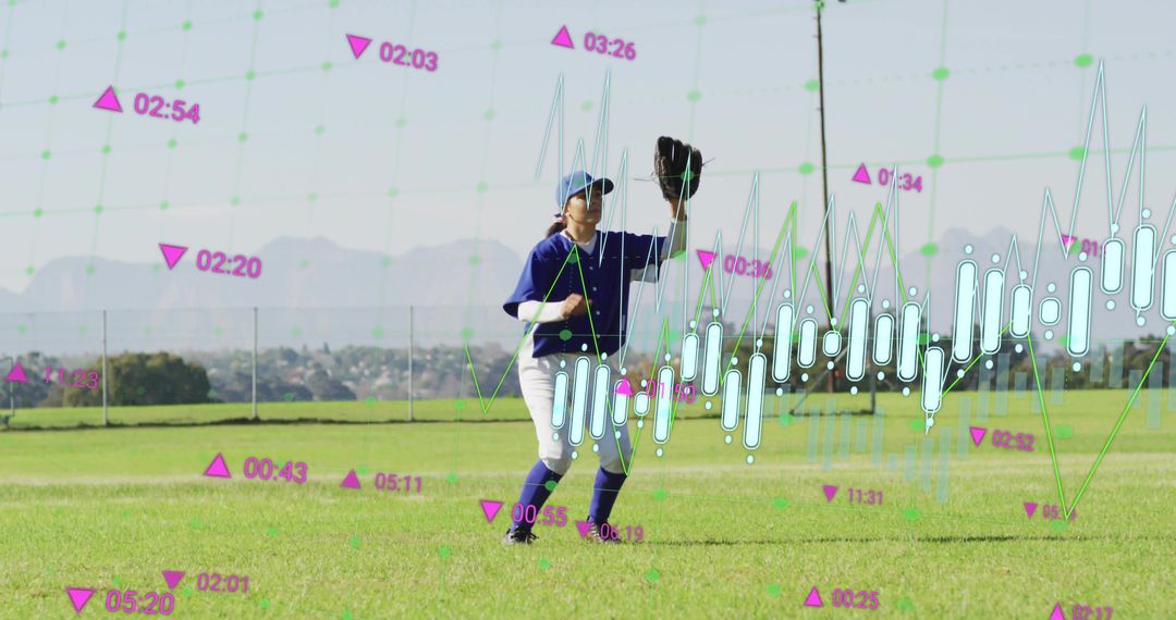 Female baseball outfielder fielding on grass with digital performance analytics overlay