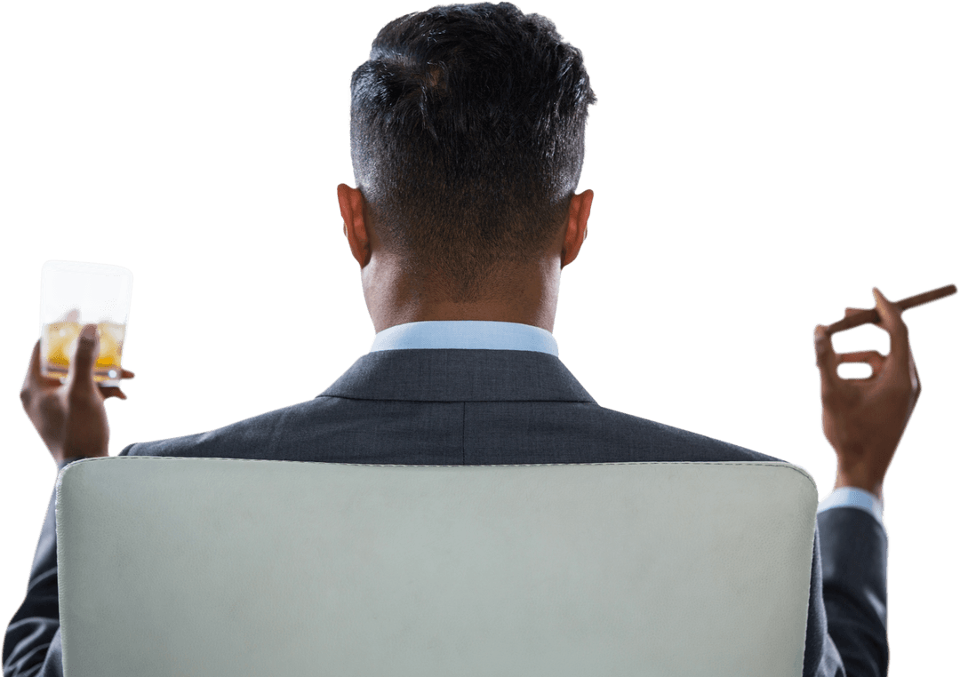 Transparent Professional Wearing Suit Holding Whisky and Cigar Relaxed