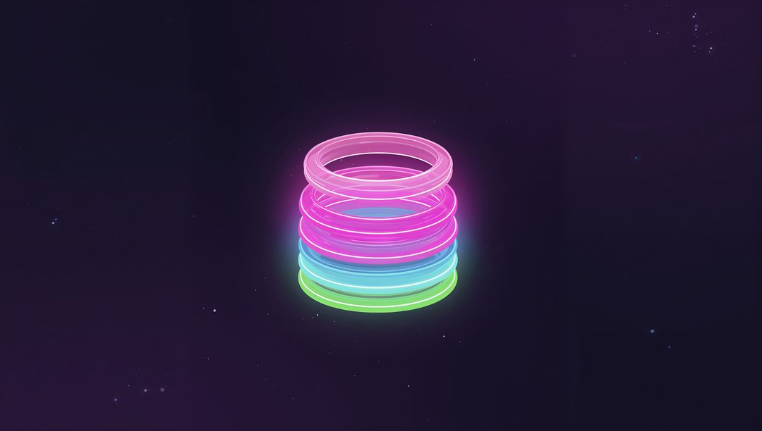 Hovering Neon Ring Stack in Cosmic Gradient with Translucent Glowing Halos