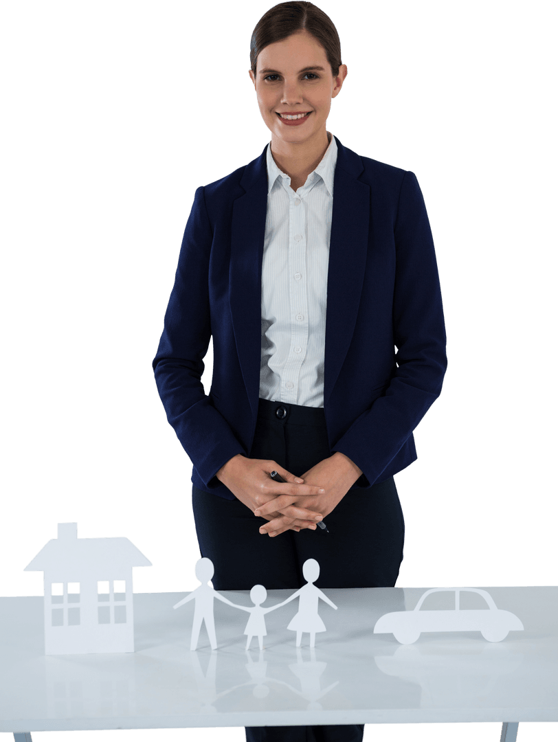 Businesswoman Presenting Cutout Models in Transparent Setting