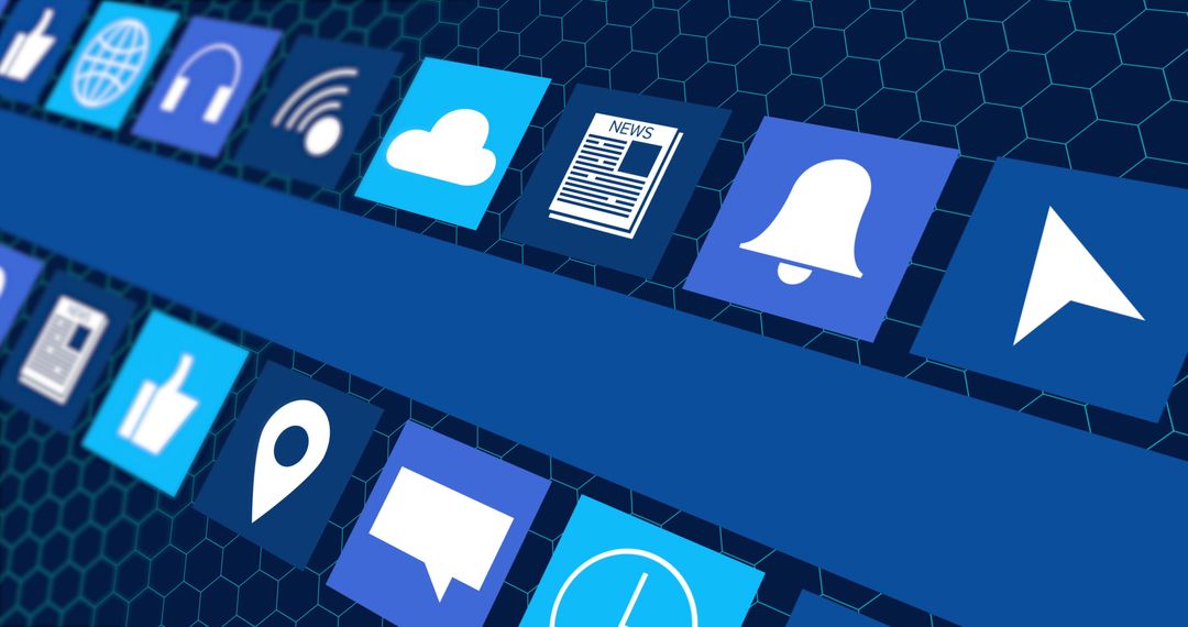 Digital Online Icons with Blue Theme and Hexagonal Pattern
