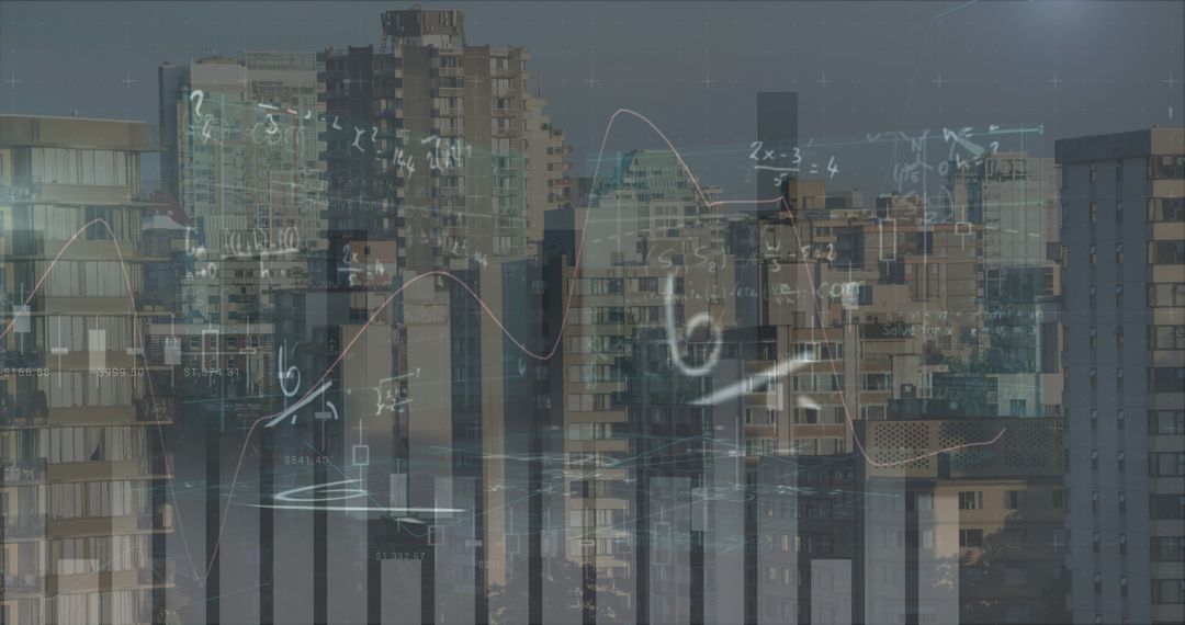 Financial Data and Mathematical Graphs Overlay on City Skyline