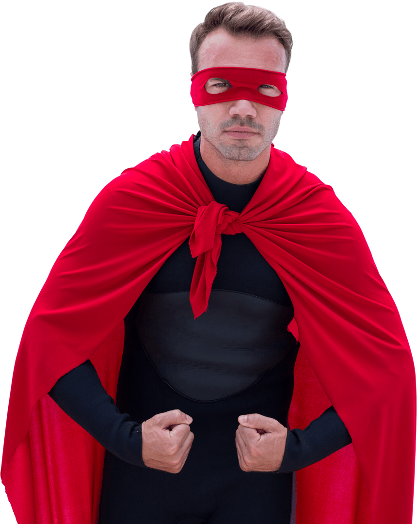 Transparent Superhero in Vibrant Red Cape Standing Strong