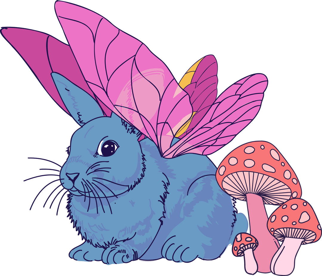 Whimsical Blue Butterfly-Winged Rabbit with Mushrooms on Transparent