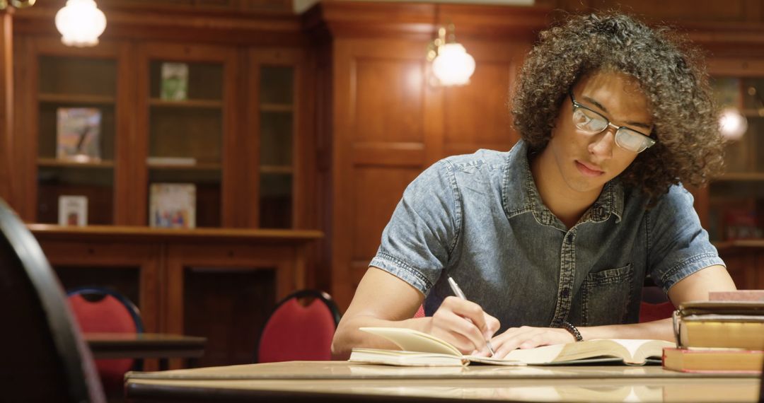 Focused Young Man Studying in Library, Engaged and Attentive