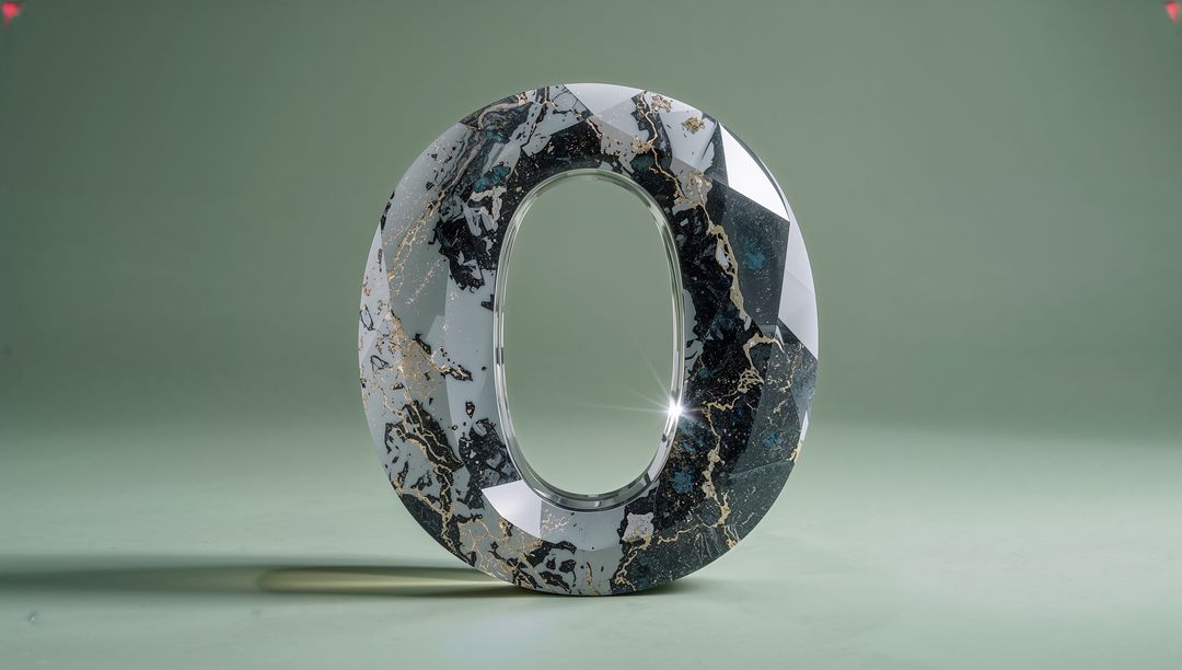 Faceted Zero Sculpture with Marbled Black White Gold Design