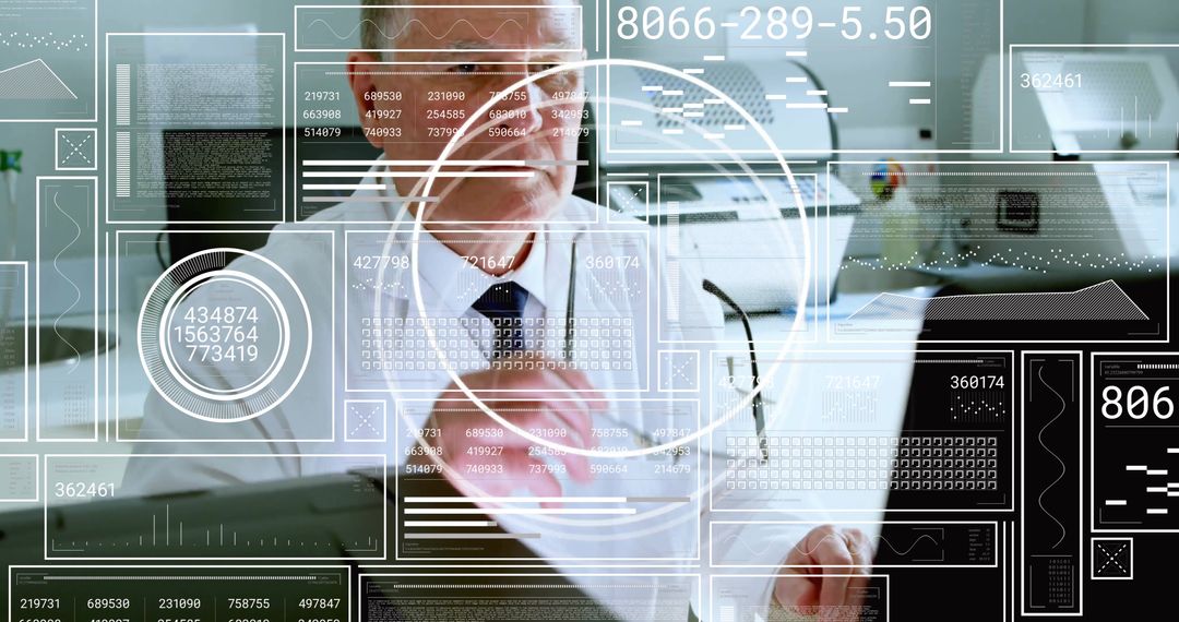 Scientist Analyzing Complex Data Overlay in Modern Lab