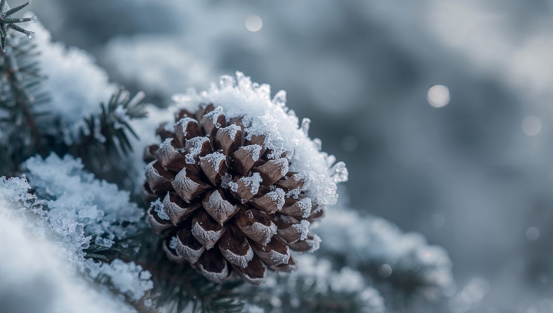 Frosted pine cone resting on spruce branch with snow crystals macro winter texture bokeh