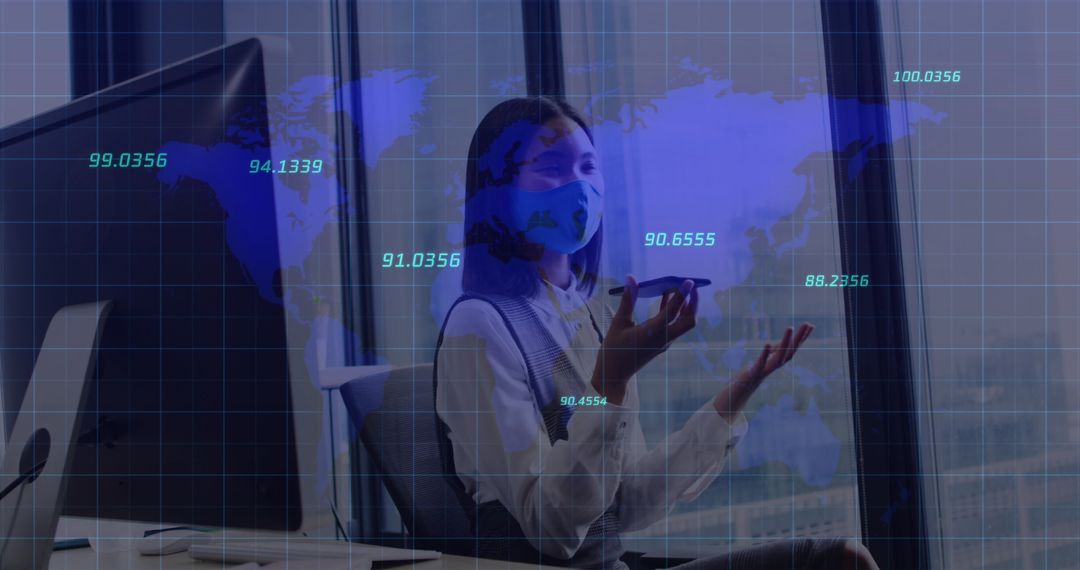 Businesswoman with Mask Analyzing Global Data During Pandemic