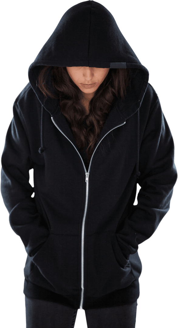 Woman in Black Hoodie with Concealed Face on Transparent Background