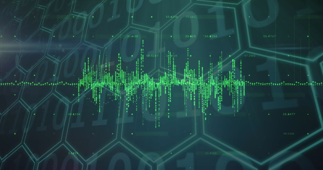 Futuristic Soundwave Display Over Hexagonal Binary Background