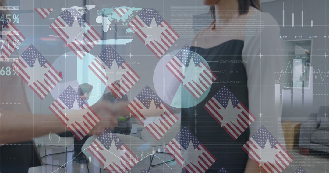 Business Professionals Shaking Hands with Flag-Themed Data Overlay