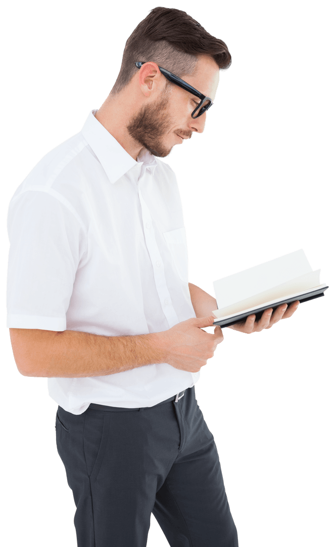Transparent Young Man Reading Black Book with Focus