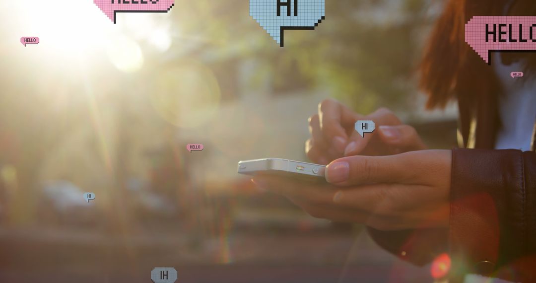 Hands Typing on Smartphone with Digital Message Bubbles