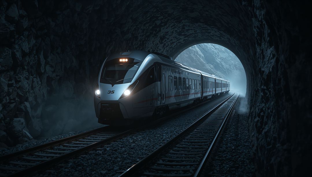 Night Train Emerging from Mountain Tunnel Headlights Lighting Twin Rails