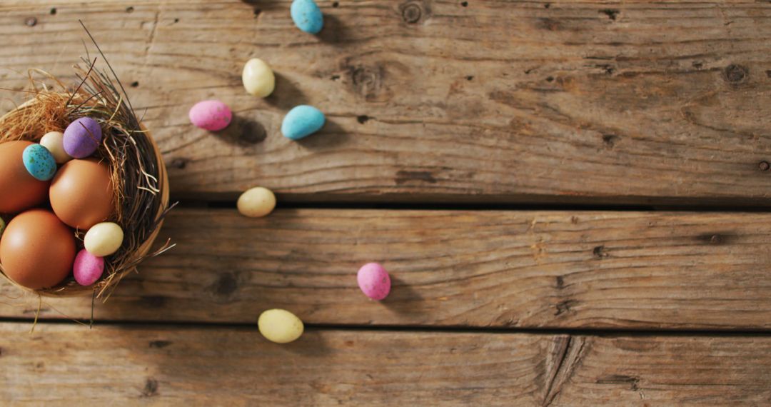Image of decorated colorful easter eggs on a wooden surface - Free Images, Stock Photos and Pictures on Pikwizard.com