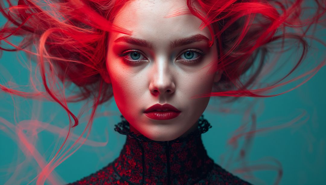 Red-haired model holding eye contact with dramatic teal rim lighting and lace collar