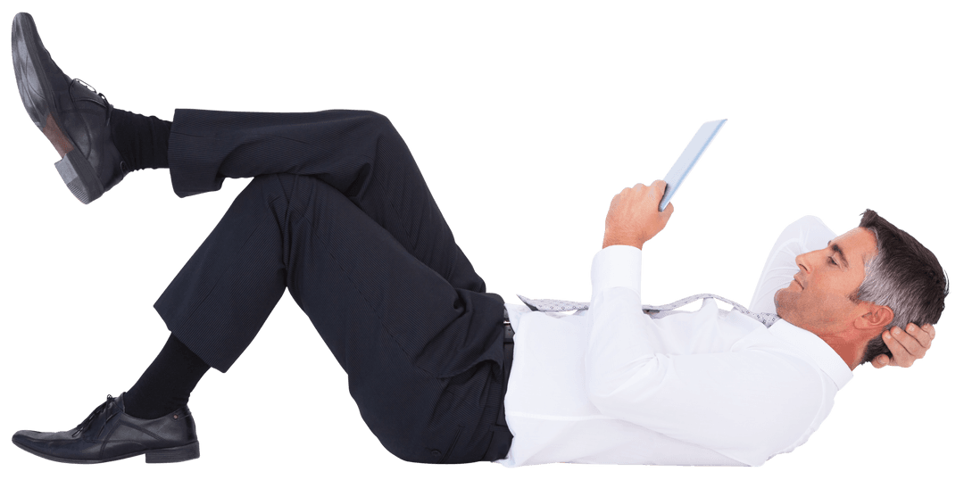 Businessman Relaxing with Tablet on Transparent Background