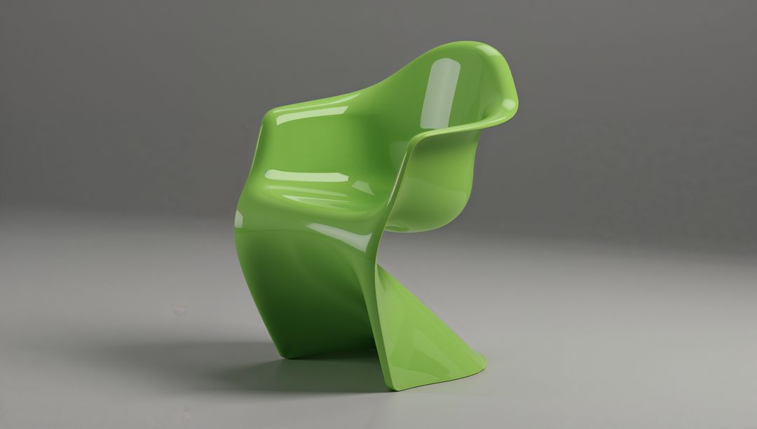 Glossy Lime Green Sculptural Cantilever Chair Reflecting Studio Lights on Gray Backdrop