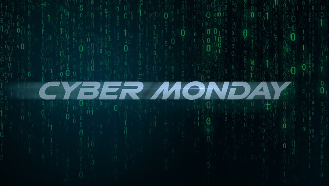 Cyber Monday Neon Header Featuring Binary Code and Futuristic Glowing Wordmark