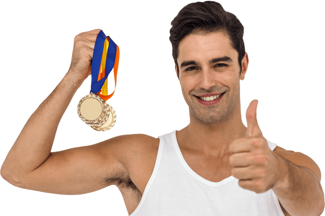 Athlete Posing Proudly with Medals in Cheerful Mood on Transparent Background